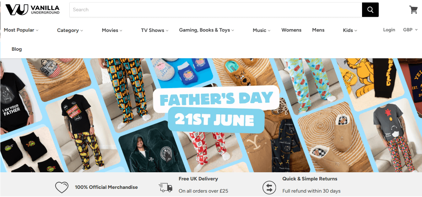 Vanilla Underground licensed merchandise homepage